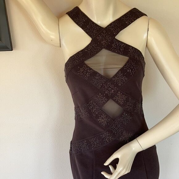CACHE Stretch sleeveless cut out mesh maxi evening dress beaded comfy brown 8 - Picture 10 of 16